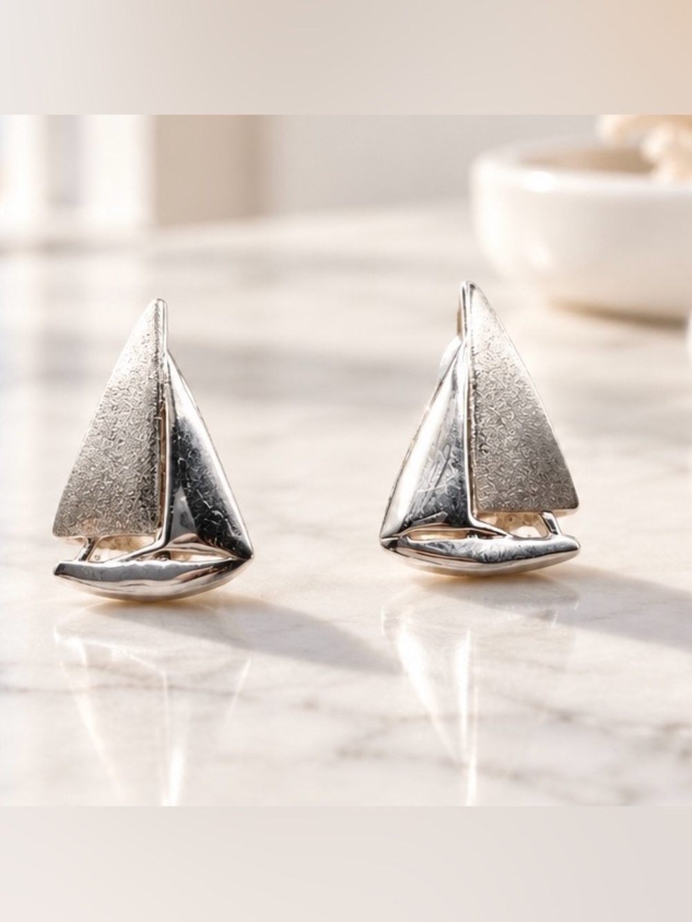 Sterling Silver Sailboat Sculptural 925 stud earrings